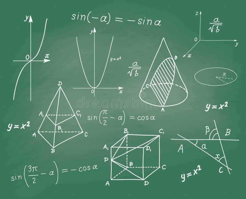 Mathematics - geometric shapes and expressions sketches on school board