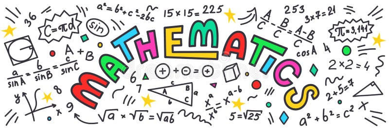 Mathematics. Maths doodles with colorful lettering on white background. Education vector banner royalty free illustration