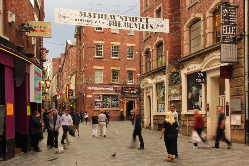 Mathew street. Birthplace of the Beatles. It is a pedestrian street with pubs , restaurants, discos, and the center of nightlife in Liverpool. England. Mathew street. Birthplace of the Beatles. It is a pedestrian street with pubs , restaurants, discos, and the center of nightlife in Liverpool. England