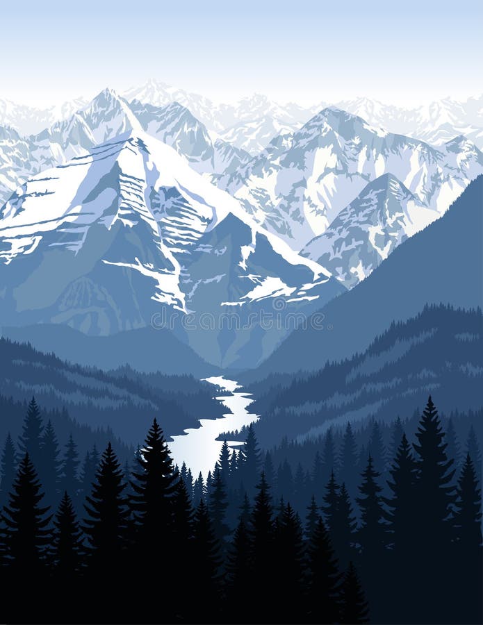Matin de vecteur en belles montagnes avec la rivière illustration libre de droits