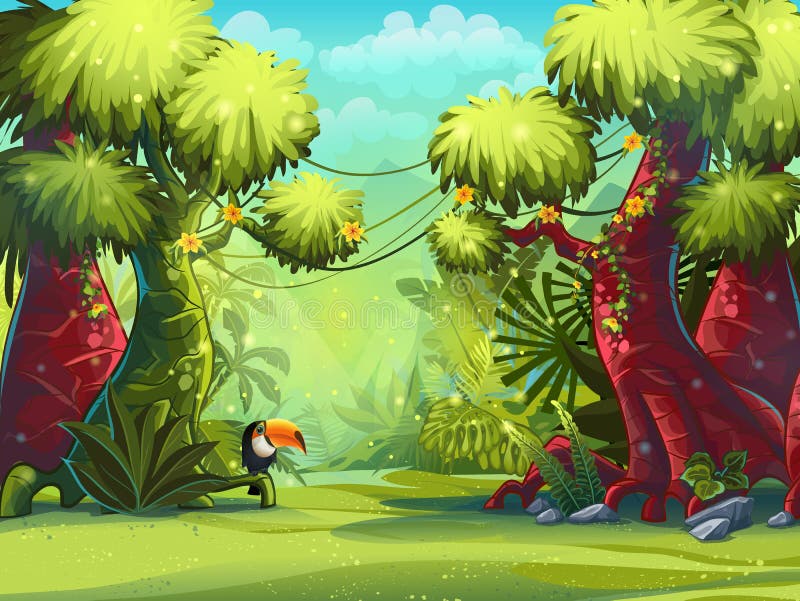Matin ensoleillé d'illustration dans la jungle avec le toucan d'oiseau