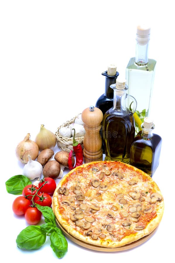 Pizza and food ingredients isolated on a white background. Pizza and food ingredients isolated on a white background
