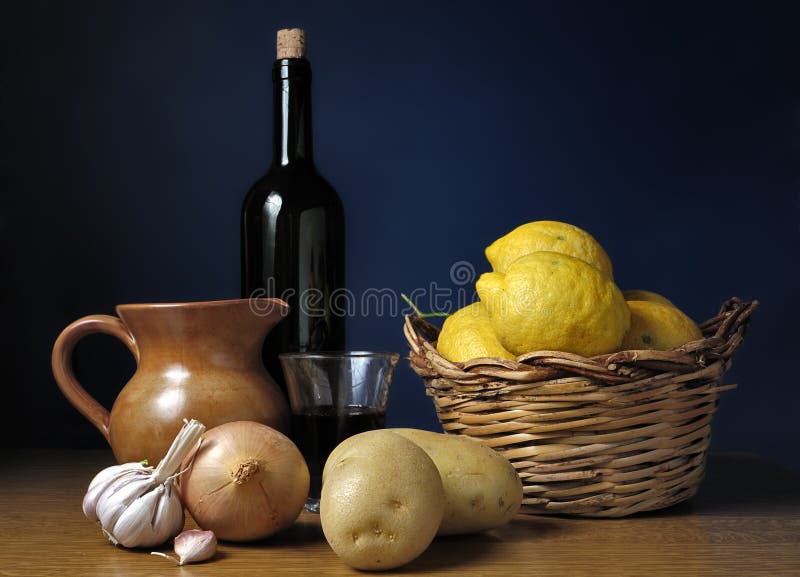 Still-life of wine and food ingredients. Still-life of wine and food ingredients