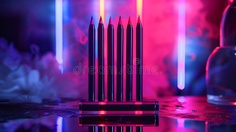 Matita Grassetto di Eyeliner impostata sul supporto in acrilico nero con illuminazione al neon. Grassetto Eyeliner Matita Set A una matita per eyeliner con punta tagliente. Posizionato su un elegante supporto in acrilico nero illuminato dall'illuminazione con accento neon per un moderno ed estetico design.