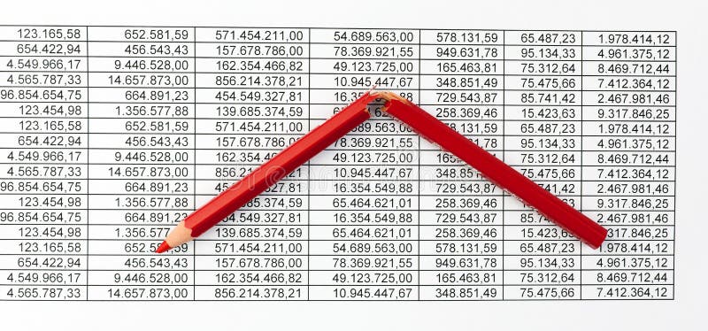 Red pencil on a balance sheet with many numbers. Red pencil on a balance sheet with many numbers