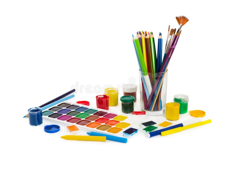 Matite, pennarelli, gessi, spazzole e pittura colorati per PA immagini stock libere da diritti Matite, pennarelli, gessi, spazzole e pittura colorati per PA immagini stock libere da diritti