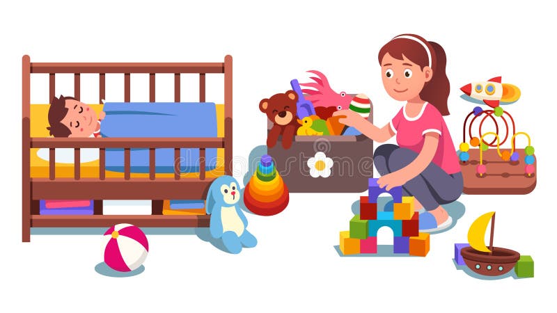 Matka sprząta dziecięcą sypialnię zbierając zabawki