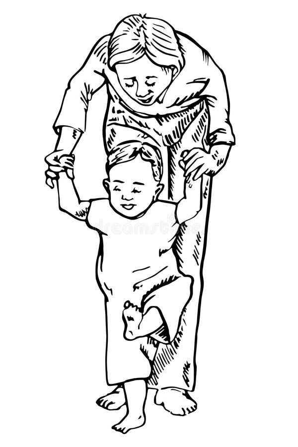 Matka trzyma dziecka rękami i uczy się chodzić, pierwsi kroki