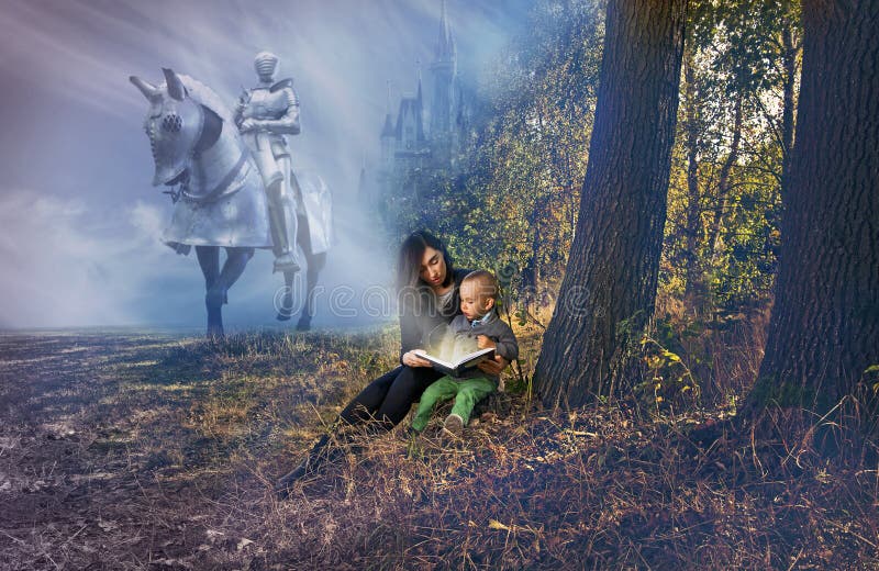 Mother and young son reading fairy tales near trees, behind them knight on the horse and castle in clouds. Mother and young son reading fairy tales near trees, behind them knight on the horse and castle in clouds.