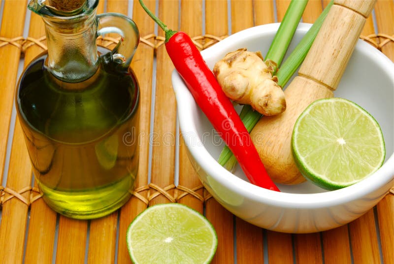 Thai cooking ingredients on bamboo mat. Thai cooking ingredients on bamboo mat