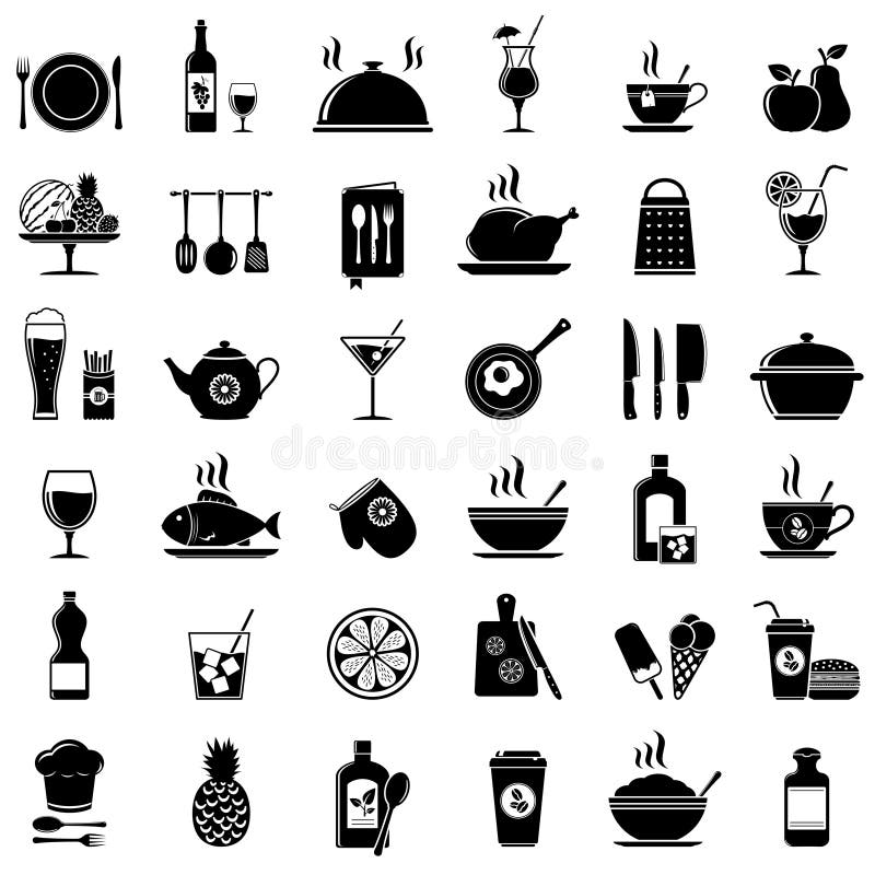 Matlagning, kökhjälpmedel, mat och drinksymboler royaltyfri illustrationer Matlagning, kökhjälpmedel, mat och drinksymboler royaltyfri illustrationer