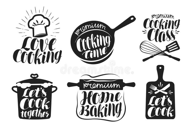 Cooking label set. Cook, food, eat, home baking icon or logo. Lettering, calligraphy vector illustration isolated on white background. Cooking label set. Cook, food, eat, home baking icon or logo. Lettering, calligraphy vector illustration isolated on white background