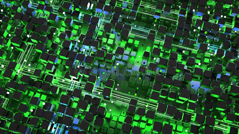 Matrice verte des cubes et de la grande illustration rougeoyante de rendu des trains de données de données 3D Matrice verte des cubes et de la grande illustration rougeoyante de rendu des trains de données de données 3D