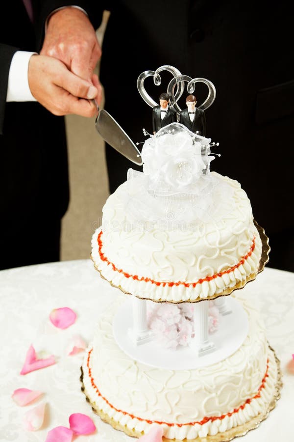 Matrimonio gay - torta di cerimonia nuziale di taglio fotografie stock libere da diritti Matrimonio gay - torta di cerimonia nuziale di taglio fotografie stock libere da diritti