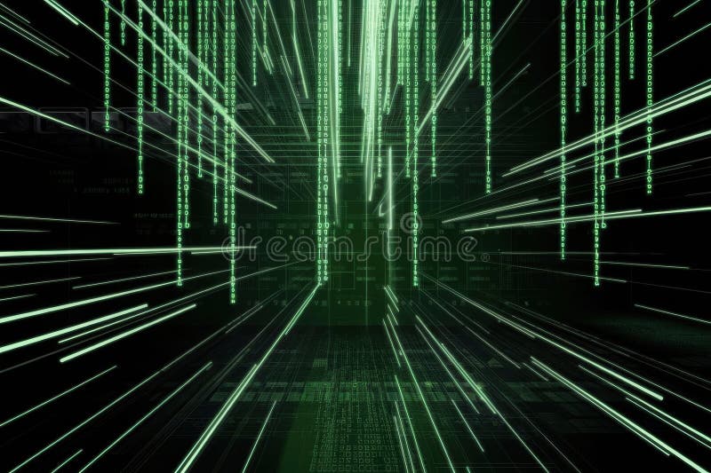 Matrix-Inspired Digital Background with Cascading Green Code and Neon Glows royalty free illustration