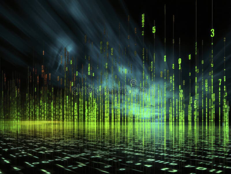 Matrix-inspired glitch art background with flowing streams of neon green binary code on a pitch-black canvas. The code should be represented as cascading lines of random ones and zeros, creating a mesmerizing digital waterfall effect reminiscent of the iconic Matrix visuals.