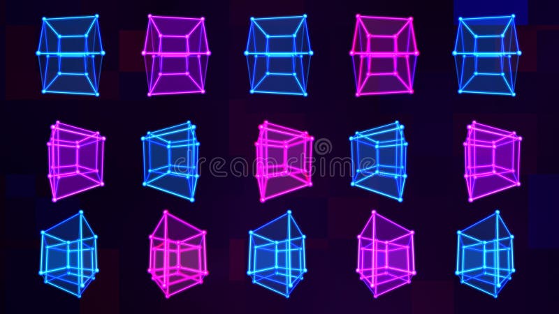 Matriz de matriz de tesseract de hipercubo 4D con colores de neón visual trippy - Textura de fondo abstracta ilustración del vector