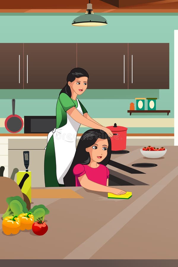 Matriz e filha que cozinham na cozinha ilustração do vetor Matriz e filha que cozinham na cozinha ilustração do vetor
