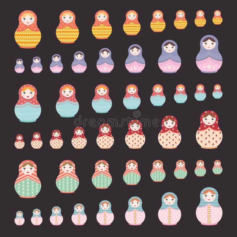 Set of Five Simple Colorful Russian Dolls on Dark Background Flat