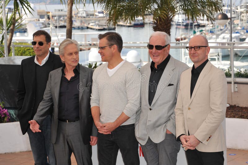 Matt Damon & Michael Douglas & Steven Soderbergh & Jerry Weintraub royaltyfri fotografi