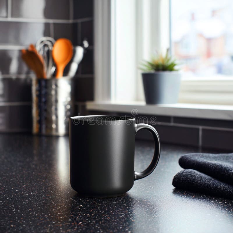Matte Black Coffee Mug on Dark Kitchen Counter stock illustration