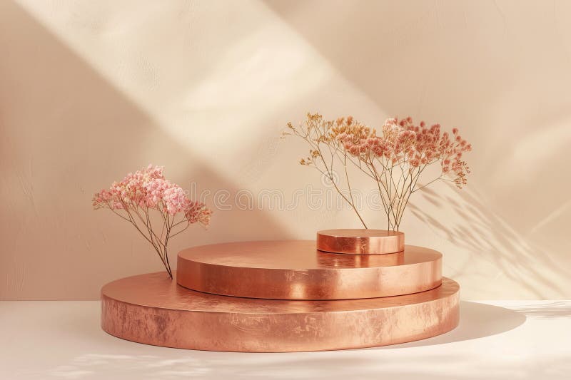 Matte copper product display podium on a soft beige background: Warm and natural, ideal for stock photo