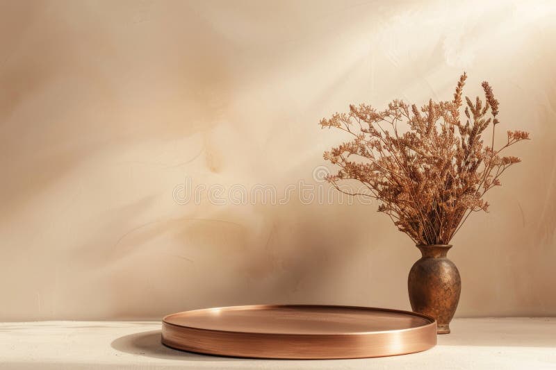 Matte copper product display podium on a soft beige background: Warm and natural, ideal for stock image
