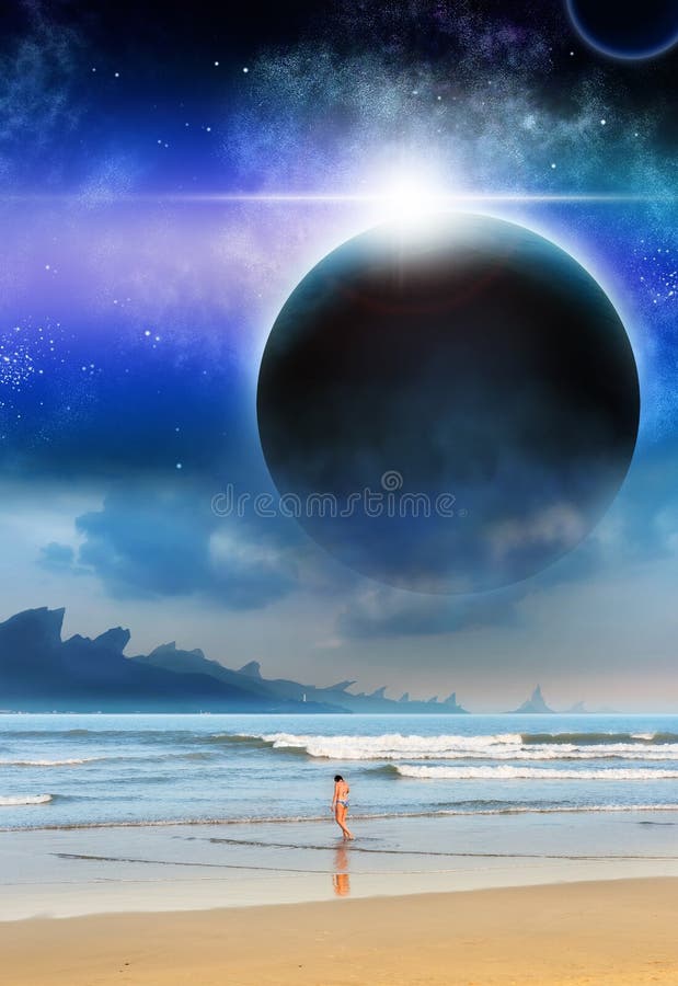 Matte-målning för flickastrandplanet science fiction stock illustrationer