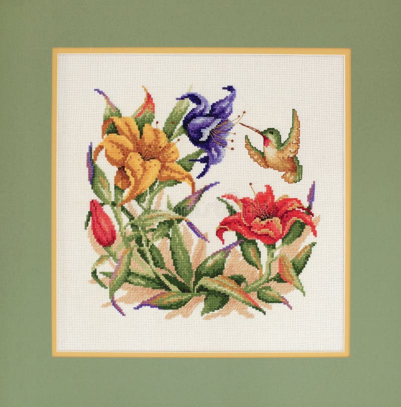 A Beautiful Double Matted Cross Stitch of a Humming Bird and Lillies. A Beautiful Double Matted Cross Stitch of a Humming Bird and Lillies