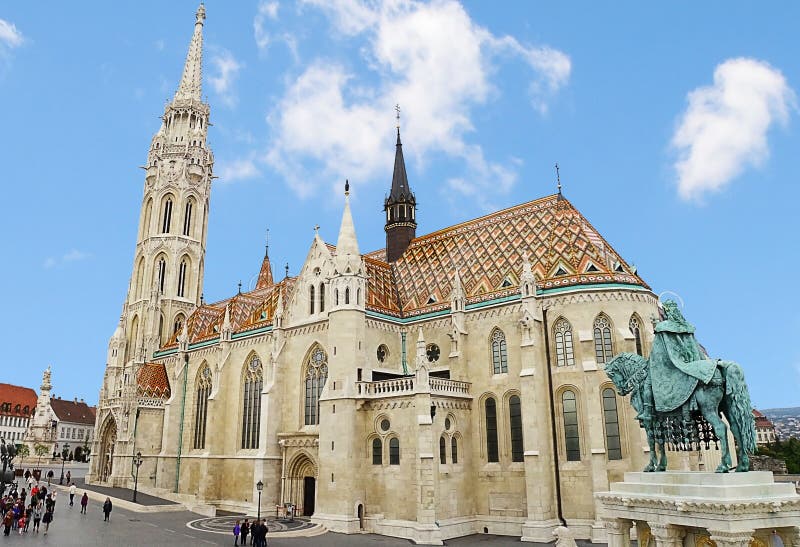 Picture of Matthias Church, Buda Castle in Budapest and tourists. As one of the most beautiful churches in Budapest it is a great tourist attraction.