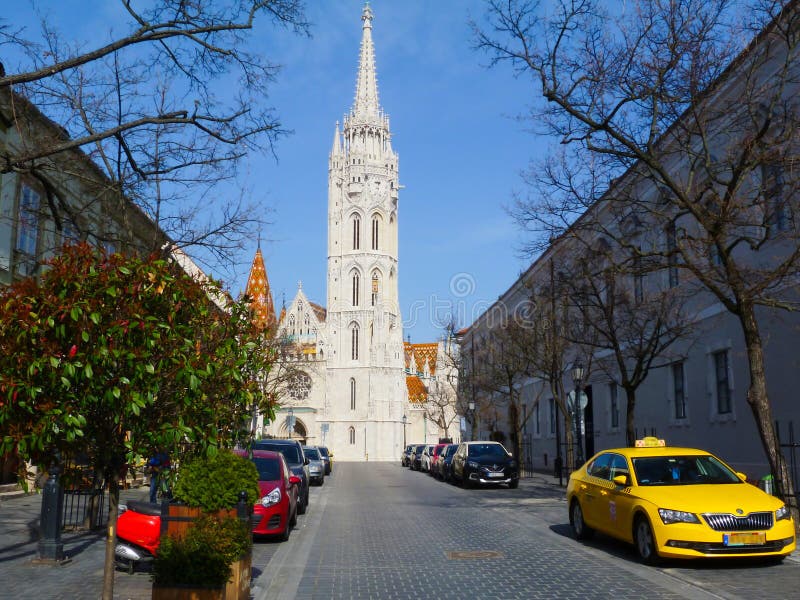 Empty street by the Matthias chrch in Budapest due to the Coronavirus threat and Social Distancing approach royalty free stock image Empty street by the Matthias chrch in Budapest due to the Coronavirus threat and Social Distancing approach royalty free stock image