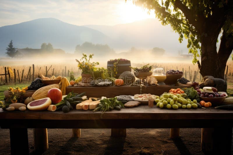 Mattina di sole nella fattoria. verdure verdi cibi vino latte pane formaggio frutta. royalty illustrazione gratis