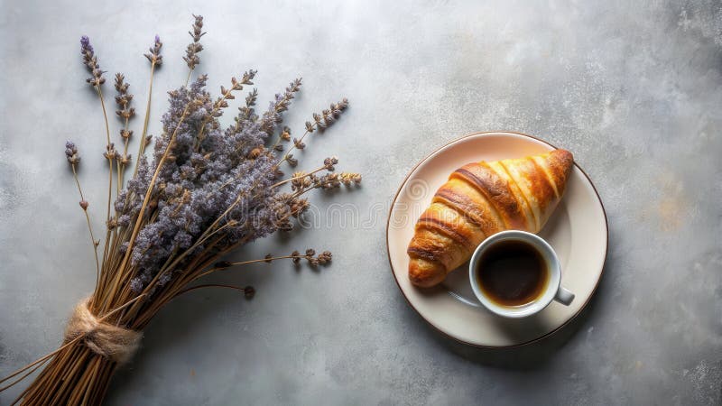 Mattinata aromatica un croissant appena cotto serviva accanto a una ricca tazza di caffè accompagnata da un bouquet di lavanda ess royalty illustrazione gratis
