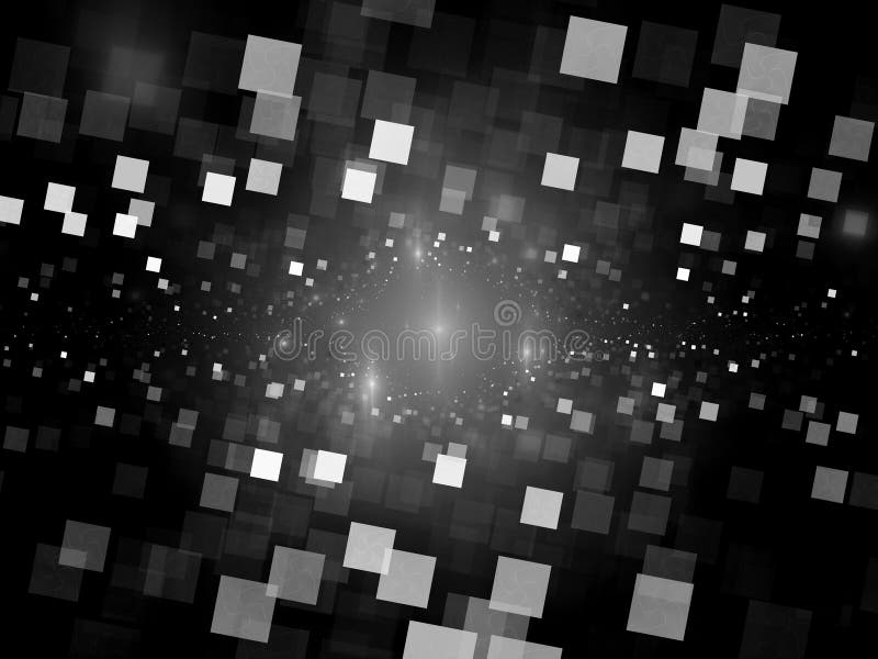 Mattonelle quadrate d'ardore nella struttura in bianco e nero dello spazio, grandi dati, fondo astratto generato da computer, rappresentazione 3D