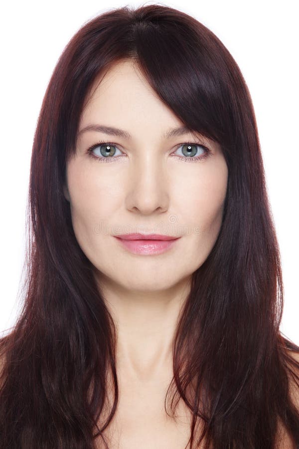 Portrait of beautiful middle-aged woman with clean make-up over white background. Portrait of beautiful middle-aged woman with clean make-up over white background