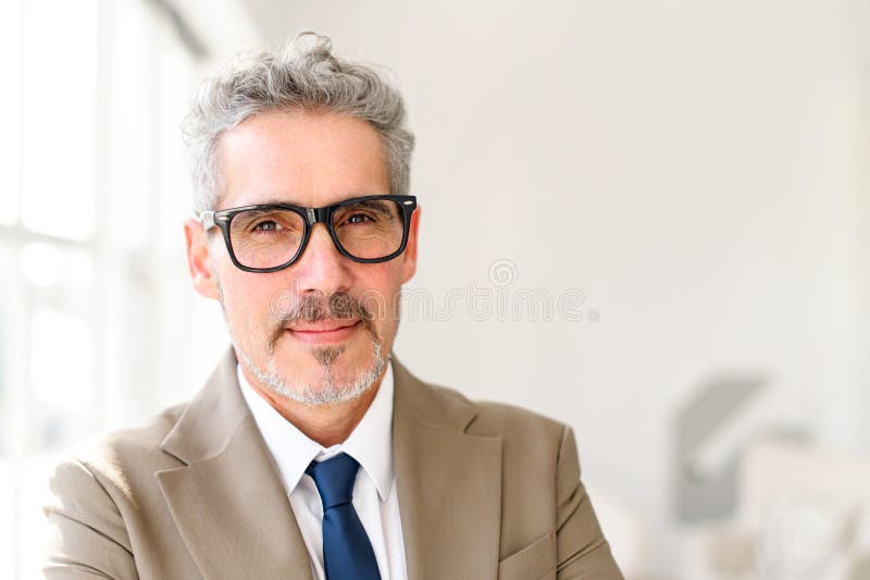 Mature businessman with grey hair and glasses is depicted looking directly at the camera royalty free stock images