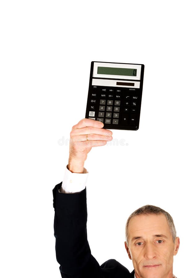 Mature businessman holding a calculator above head