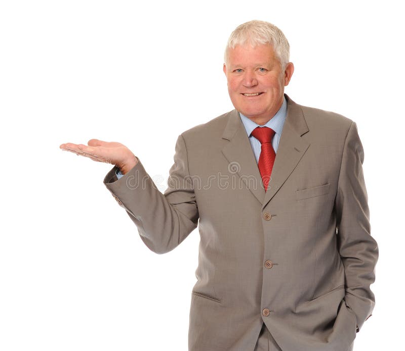 mature businessman holding invisible product