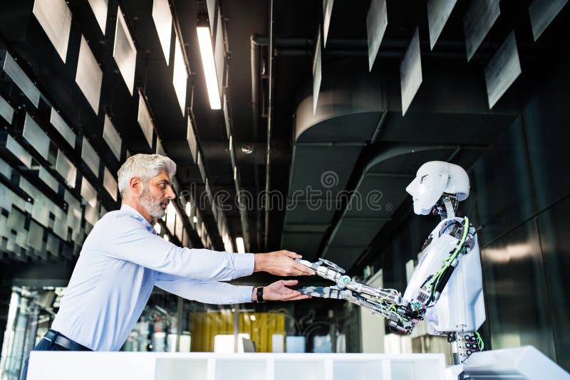 Download Mature Businessman Or A Scientist With Robot. Stock Image - Image of corporate, blue: 101471923