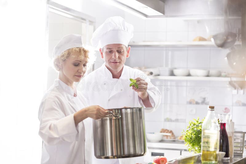 Mature Chefs Cooking in Pot at Restaurant Kitchen Stock Image Image