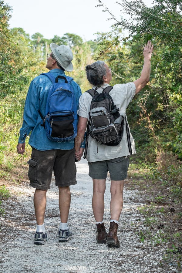 Back view of cute mature couple hiking on nature trail while holding hands. Back view of cute mature couple hiking on nature trail while holding hands.