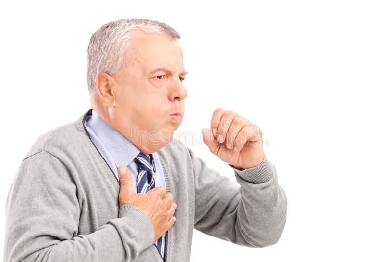 A mature gentleman coughing because of pulmonary disease