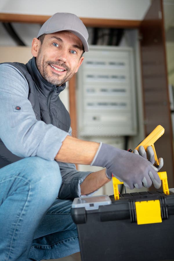 Mature Handsome Repairman Holding Toolbox Stock Image Image of