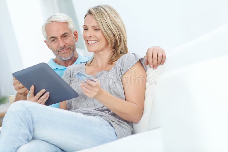 Mature Happy Couple Or Credit Card On Tablet Banking Financial Management Or Investment