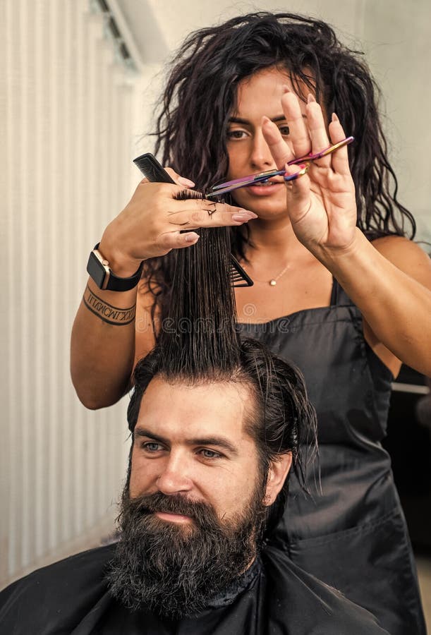 Mature Hipster With Beard And Moustache Care His Hair In Barbershop Barber Stock Image Image