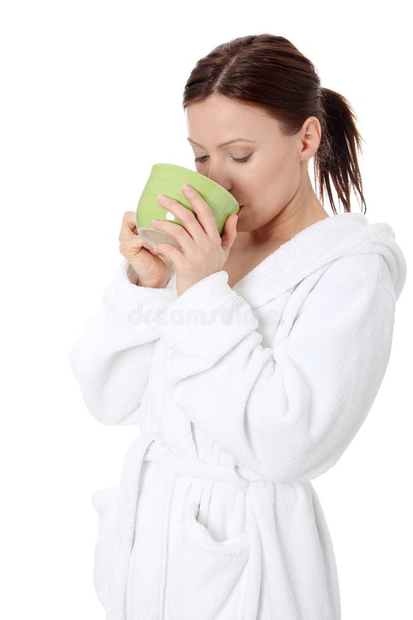 Mature Lady in Bathrobe Drinking from Mug Stock Photo Image of coffee, attractive 19036988