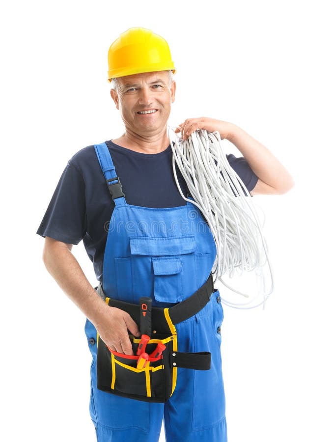 Mature male electrician on white background stock photo Mature male electrician on white background stock photo