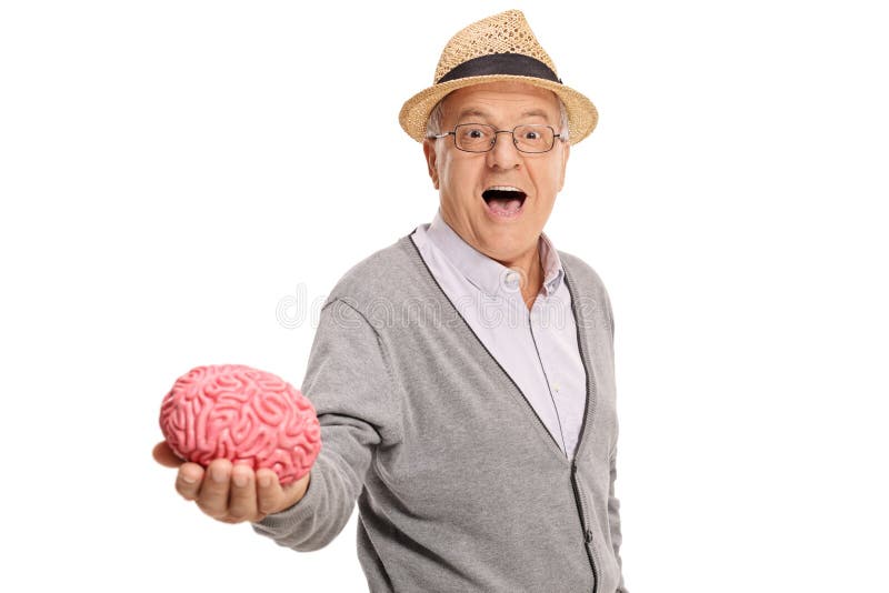 Mature Man Showing a Brain Model Stock Image - Image of brain