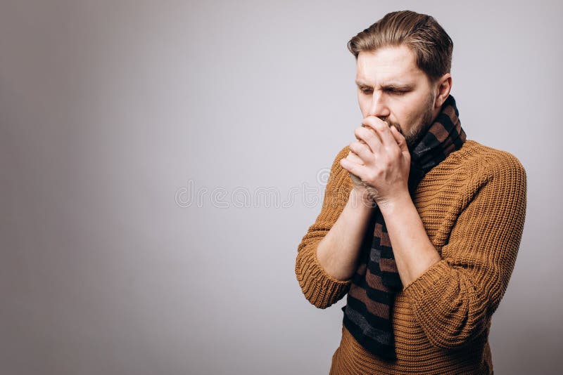 Mature Man in Warm Scarf Coughing at Studio Stock Photo Image of mouth, cold 174247198