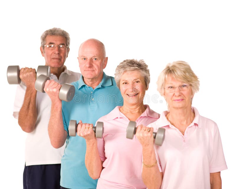 Group of older mature people lifting weights in the gym. Group of older mature people lifting weights in the gym